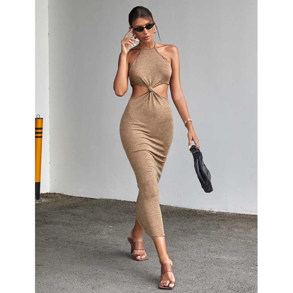 Khaki Slim Dress Tie Knot Front Halter Top Long